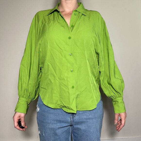 ZARA Bright Lime Green Oversized Artsy Button Up Top Sz XS - Picture 1 of 4